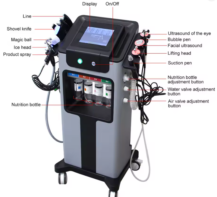 10-in-1 Hydro Dermabrasion Device (Hydra Facial) – Deep cleansing, exfoliation, oxygenation, lifting & serum infusion – with multiple handles