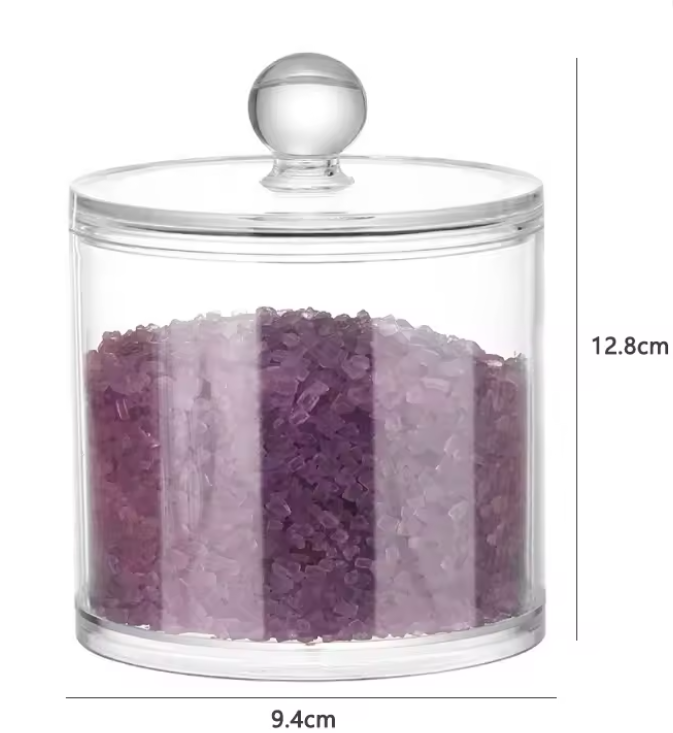 Transparent container with lid (9.4 × 12.8 cm) – elegant jar for bath salts, cosmetics, and accessories